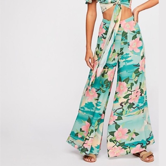 Flowy Wide Leg PANTS Nightingale Teal Floral - Picture 3 of 7